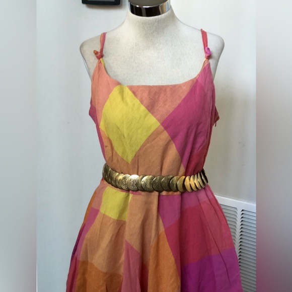 Vintage Large Plaid Checkered Full Skirt Linen Blend Dress - Picture 2 of 7